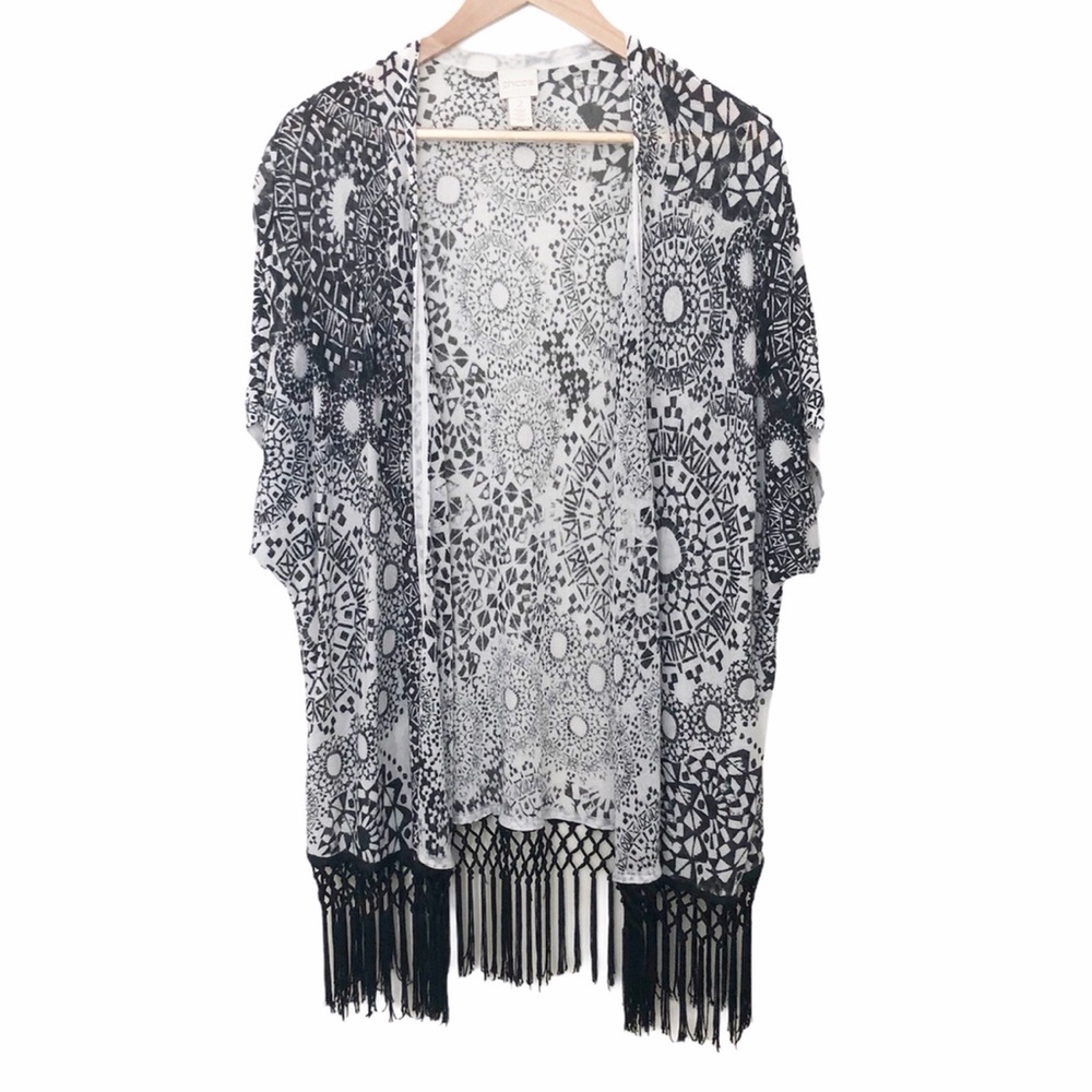 Chicos Short Sleeve Fringe Trim Open Cardigan Chicos size 2/ US 12